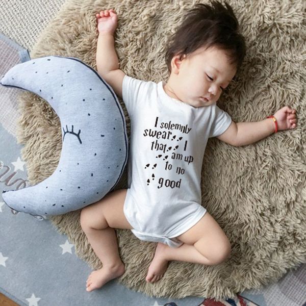 

" i solemnly swear that i am up to no good " letter print rompers baby white cotton jumpsuits 0-24m, Blue