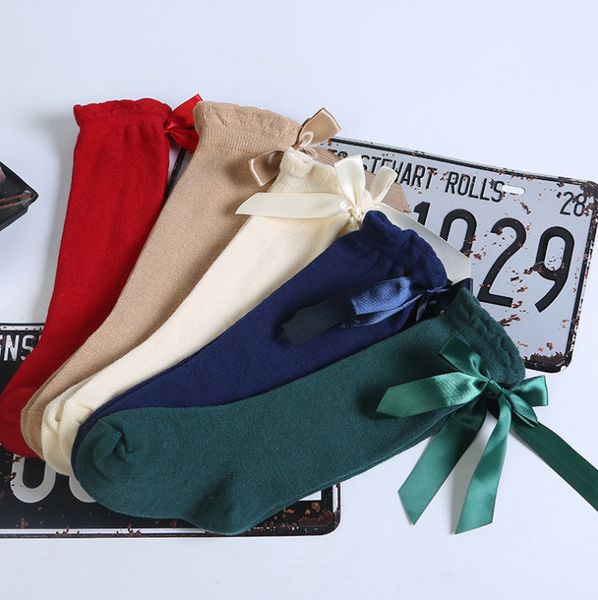 

2018 autumn new girl ock in chidren ribbon bow prince ock kid ruffle 3 4 knee high knitting ock baby cotton leg y4418