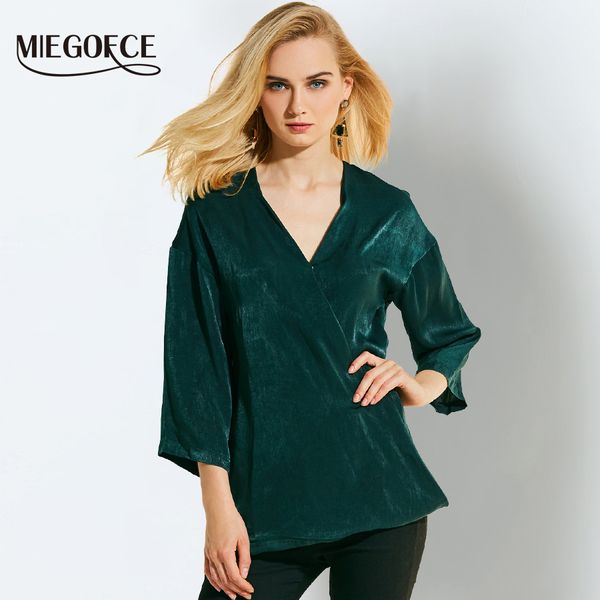 

miegofce 2018 summer women blouse v-neck three-quarter sleeve elegant solid green blusa feminina blouse women, White