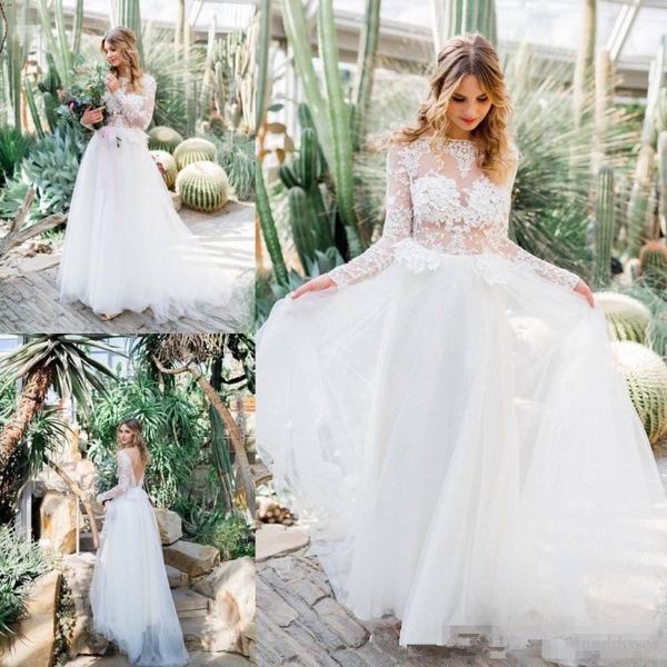 

2019 romantic garden wedding dress long sleeve boat neck see through lace a line floor length bridal gowns custom made, White