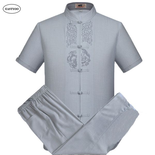 

embroidery linen shirts men summer casual shirts plus size mandarin collar chinese traditional clothing sets men's shirt suits, White;black