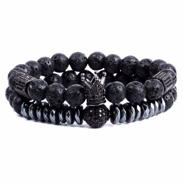 

2pcs/set natural lava stone beads men jewelry classic crown bracelets for pulseira masculina bileklik pulseira feminina jewelry, Black