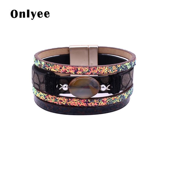 

onlyee leather bracelet bohemian leather natural stone handmade bracelets & bangles charm magnetic bracelets for women jewelry, Black