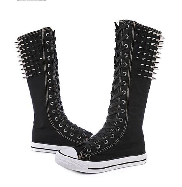 

fashion rivet boot cheerleaders dance shoes women shoes boots high-side zipper cross-tied canvas shoes large size, Black