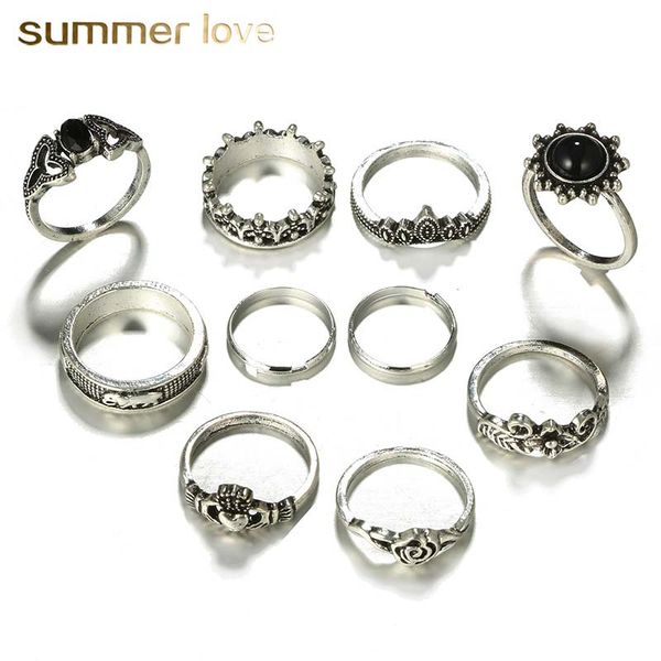 

new fashion hollow flower elephant heart shape ring set for women bohemia style big vintage alloy knuckle rings 10 pcs jewelry set, Golden;silver