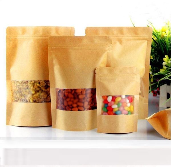 

food moisture-proof bags window bags brown kraft paper doypack pouch ziplock packaging for snack cookies 100pcs