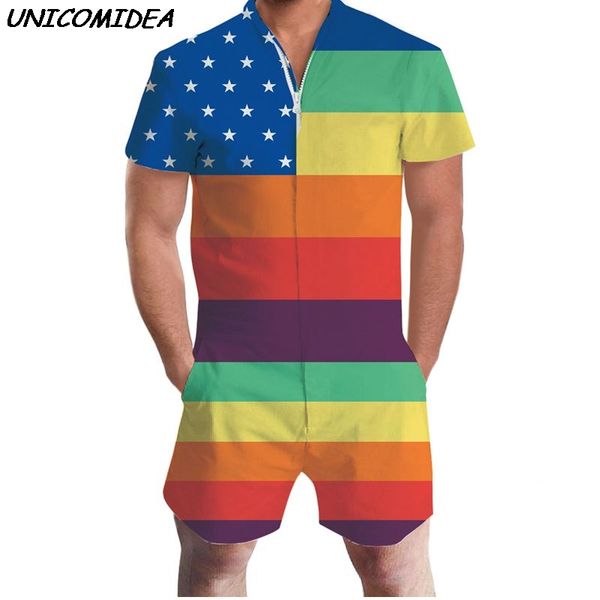 

pride romper gay pride rainbow men romper 3d graphic one piece casual zipper jumpsuit overalls usa flag beach men's sets, Gray