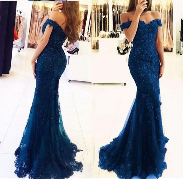 

blue off the shoulder mermaid long dresses evening wear tulle appliques beaded custom made formal celebrity gowns prom party dresses, Black;red