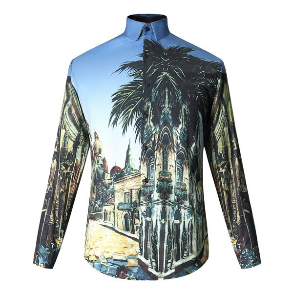 

new flower shirt summer castle landscape pattern men's shirt show fashion stage, White;black