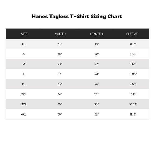 Hanes Tagless T Shirt Size Chart