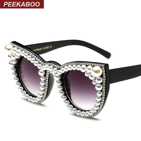 

fashion rhinestone cat eye sunglasses women brand oversized cat sunglasses pearl ladies party black, White;black