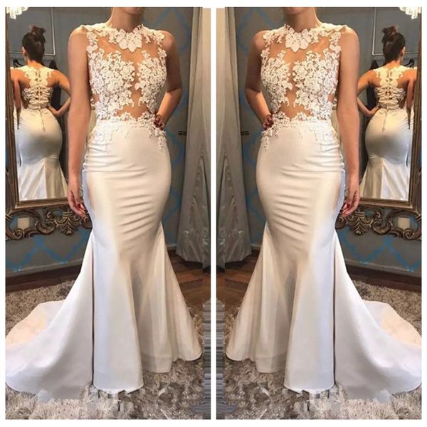 

2018 Sheer Lace Appliques Mermaid Wedding Dresses Custom Jewel Sheer Neck Sleeveless Zipper Sweep Train Long Party Bridal Gowns