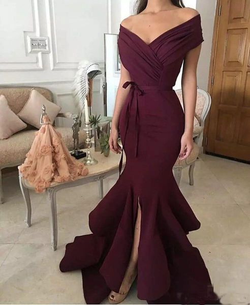 

2018 Dark Red Evening Dresses New Fashion Mermaid Off-shoulder Satin Long Formal Prom Wear Split Prom Party Dresses For Women Plus Size