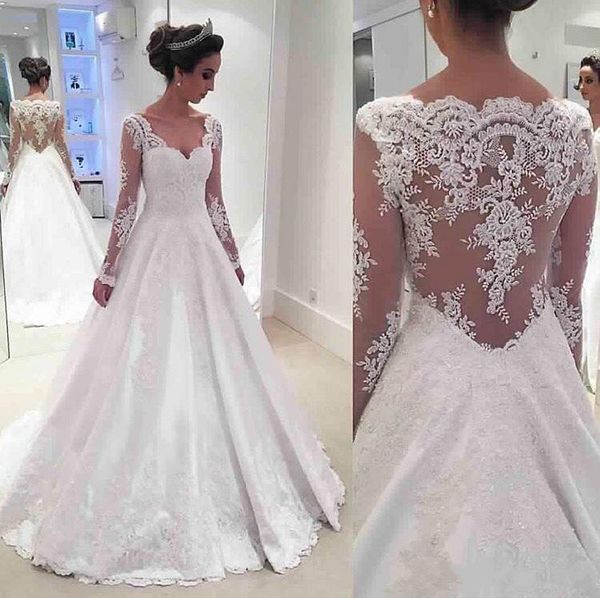 

2018 full lace applique illusion long sleeves a line custom made garden v neck bridal gowns vestidos de novia wedding gown, White