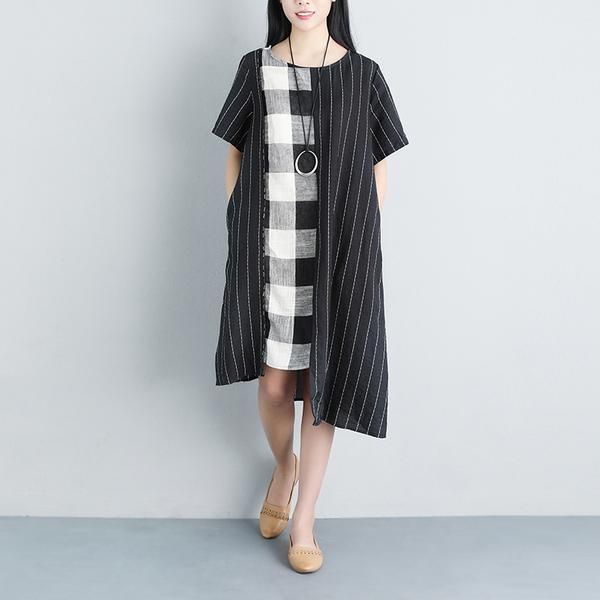 Women Stripe Summer Short Sleeve Dress Summer Casual Pockets Black