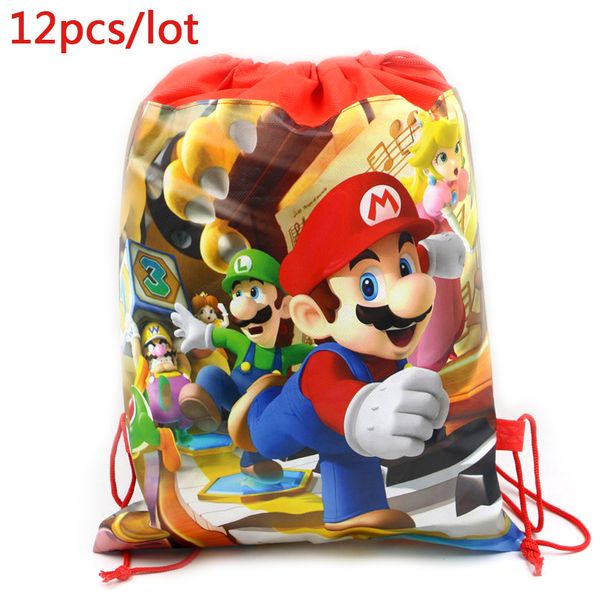 

super mario theme baby shower mochila events party boys favors backpack birthday decoration blue drawstring gifts bags 12pcs/lot