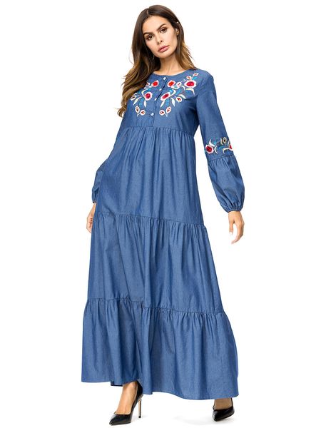 

187289 autumn women's new tall slim large swing embroidery denim dress ofu tamaitai mosalemi muslimske kvinder vestidos baju muslim jud, Red