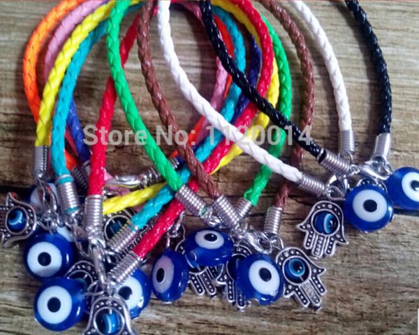 

new mixed color leather cords luck bracelet with silver kabbalah hamsa hand of fatima turkish blue eye charms 50pcs/lot, Golden;silver