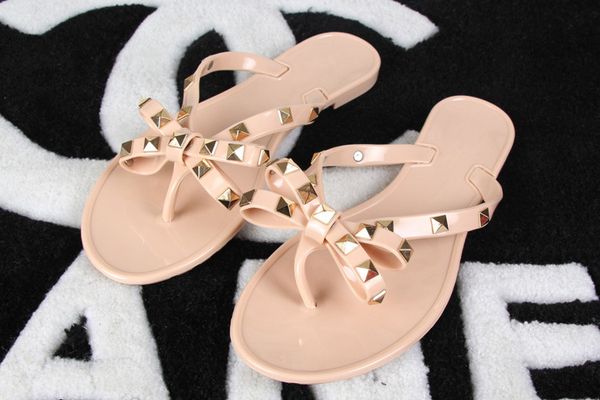 

woman summer sandals rivets big bowknot flip flops beach sandalias femininas flat jelly designer sandals ing, Black
