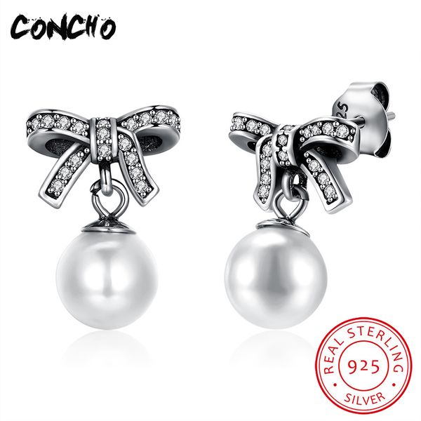 

concho jewelry 925 sterling bowknot pearl zircon drop earrings for women 2018 offer party trendy aretes earrings, Golden;silver