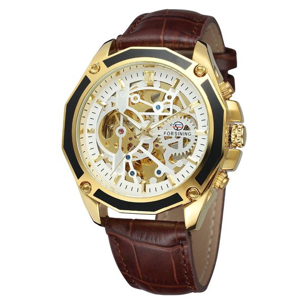 

leather hollow waterproof semi-automatic mechanical men's mechanical watch, Slivery;brown