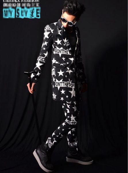 

человек хан издание новой моды личность якорь бар певица сценические костюмы танцевальная одежда пентаграмма длинный костюм куртка m-2xl, Black;red