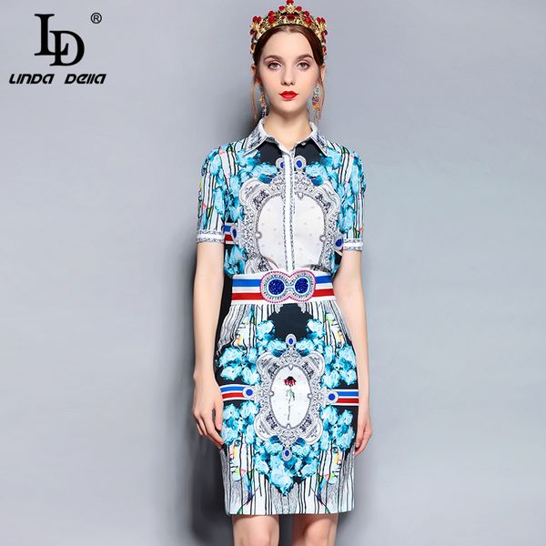 

ld linda della summer fashion runway suit set women's short sleeve printed crystal beading vintage skirts two piece set, White