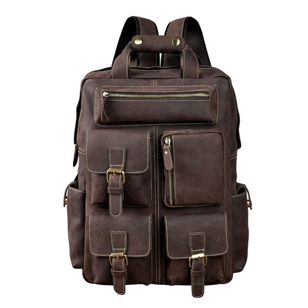 

men original leather fashion travel university college school book bag male backpack daypack student lapbag 1170