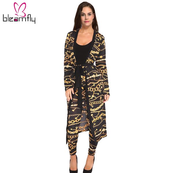 Herbst Frauen 2 stück Set Damen Tops + lange Hosen Anzüge Mode Seide Strickjacke Weiblichen Kette print Bandage Lose Kleidung 2017