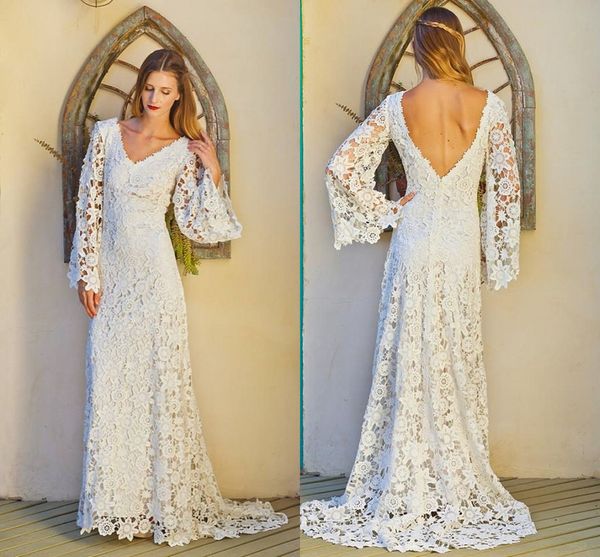 

beach bohemian full lace wedding dresses v neck backless long sleeves sweep train wedding dress bridal gowns boho custom made, White