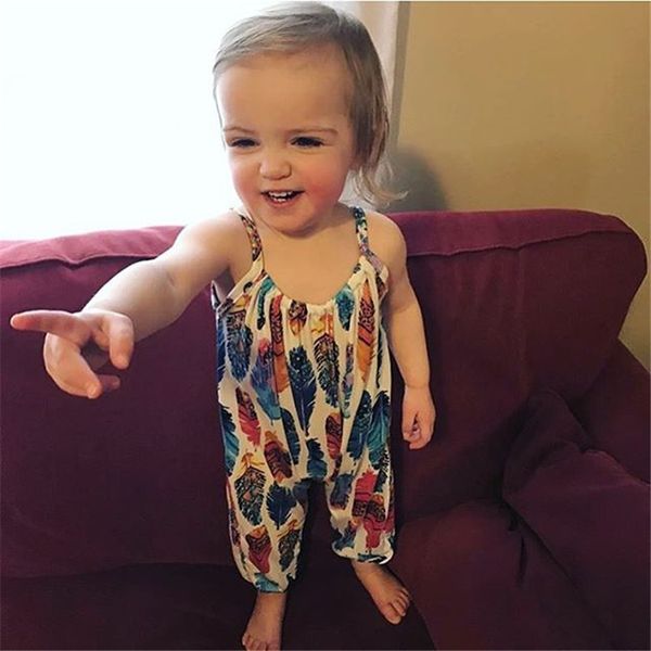 

summer baby girls clothing cute newborn baby girls feather print romper jumpsuit sleeveless cotton kids clothes one-pieces sunsuit 0-24m, Blue