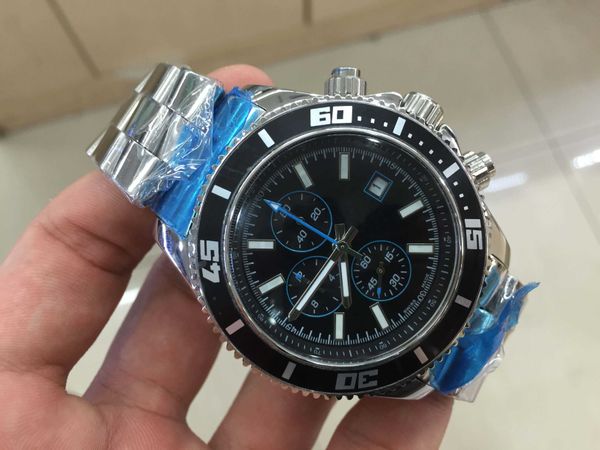 

mens watches a1738 quartz chronograph date watch stainless steel bracelet black dial blue pointer men's sports wrist watches, Slivery;brown