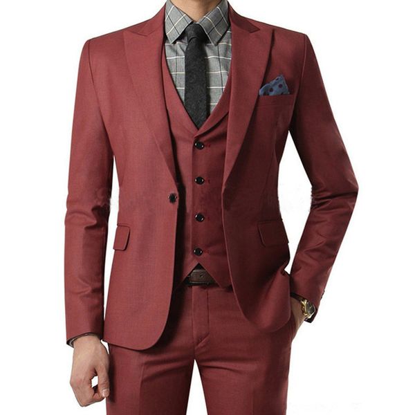 

2018 New Arrival Red Wine Business Peaked Lapel Mens Suits for Wedding Three Piece Burgundy prom Jacket Pants Vest Smart Casual Custom Slim