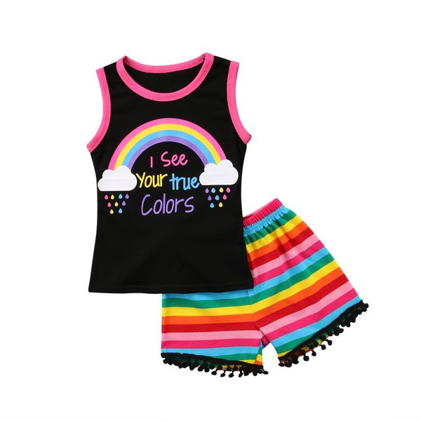 

infant toddler kid girl clothes baby sleeveless rainbow tank t-shirt+shorts pants outfit 1-6t, White