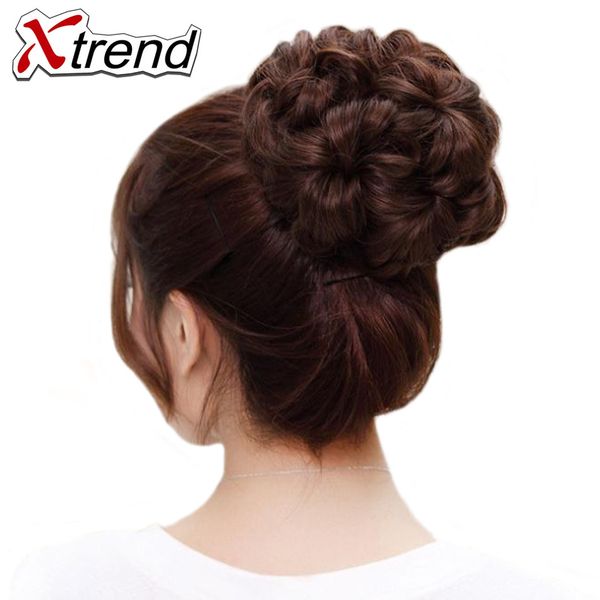 

xtrend synthetic curly chignon bun hairpiece for women 9 flowers roller clip in fake hair accessories high temperature fiber, Black;brown
