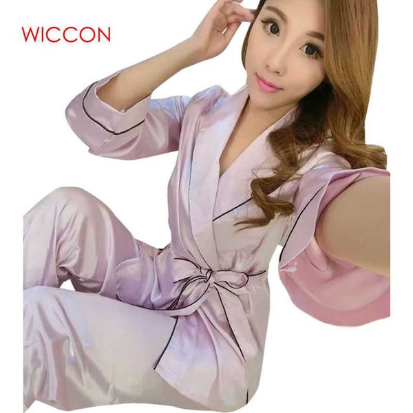 

wiccon 2018 fashion spring autumn women china satin faux silk pajamas sets of sleepcoat female superior sleepwear home clothing, Blue;gray
