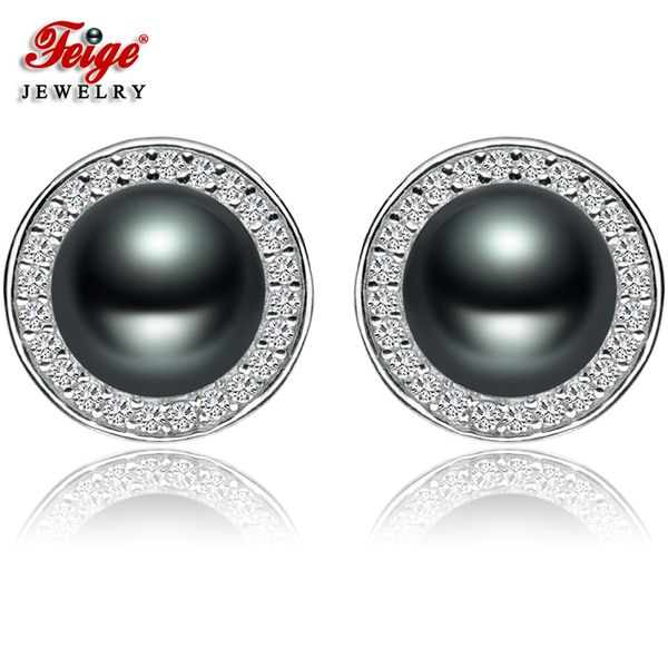 

vintage freshwater pearl stud earrings for women party jewellery gifts 925 sterling silver black pearl earrings wholesale feige, Golden;silver
