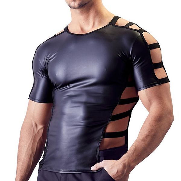 

slim mens t shirts faux leather hollow each side o neck short sleeves gay club party wear novelty punk style tee top, White;black
