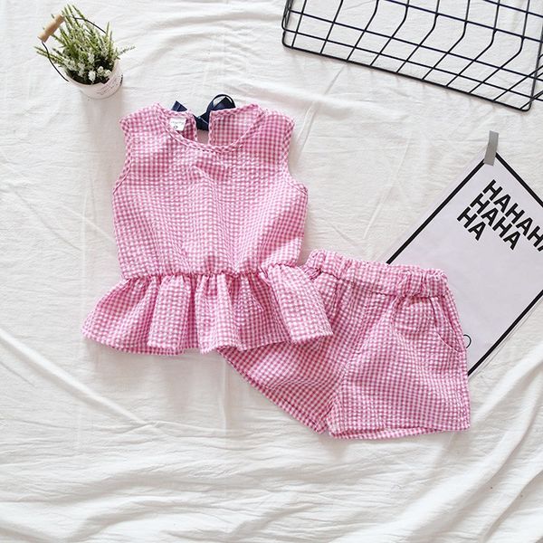 

children girls clothing sets baby cotton plaid lattice ruffles vest sleeveless shirts + shorts 2pcs clothes suits twinset, White