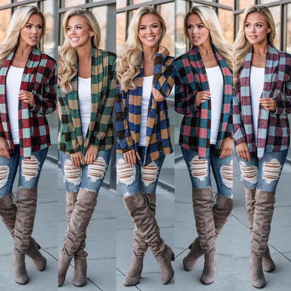 

2018 casual slim plaid open stitch woman coat european style v-neck patchwork long sleeve basic fashion comfortable female coat, Black