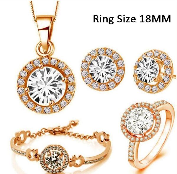 Para Mujer De Lujo Cristal Joyas Conjunto Collar Chapado en Oro 18k Aretes Anillo Pulsera
