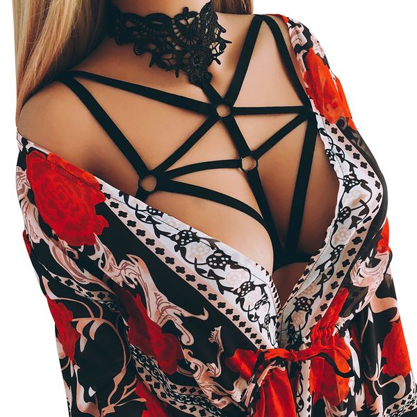 

harness women gothic elastic cage crop bra erotic lingerie lace halter strappy hollow bra bustier bandage body belt, Black;white