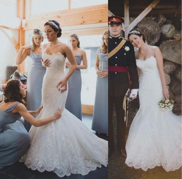 

simple full lace mermaid wedding dresses country style lace applique strapless backless sweep train wedding dress bridal gowns boho, White