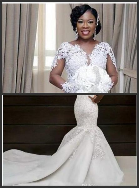 

2019 new african luxurious mermaid wedding dresses jewel neck appliques beading crystals long sleeves sheer back illusion bridal gowns, White