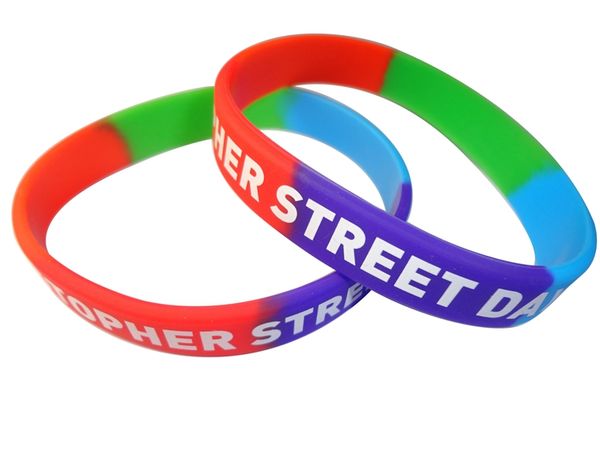 

500pcs/lot rainbow silicone bracelets personalized logo printed/ wristbands ands for sports or event, Golden;silver