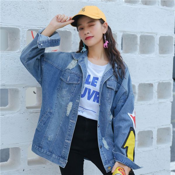 

bf wind autumn women's printed coat patch designs jacket 2018 vintage harajuku oversize loose female jeans coat chaquetas mujer, Black;brown