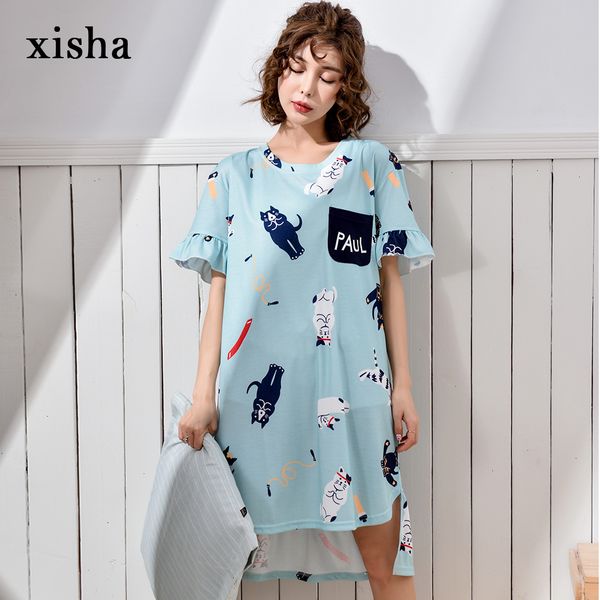 

xisha stitching loose long t-shirt sweet girl nightdress youthful and lively cotton short-sleeved nightdress casual nightgowns, Black;red