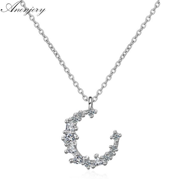 

anenjery fashion dazzling cz irregular crescent moon pendant necklace for women 925 sterling silver zircon necklace s-n277