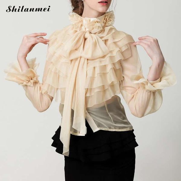 

new lady summer nice sweet vintage girl ladies royal court princess bow chiffon ruffles blouse shirt plus size, White