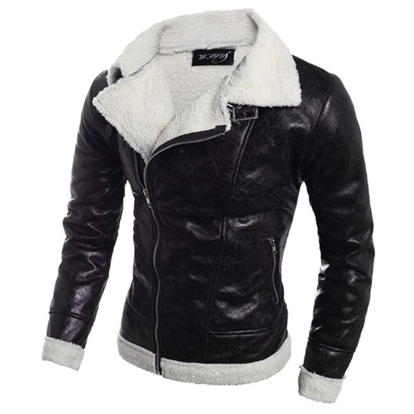 

fashion men's autumn winter warm fur liner lapel leather zipper outwear coat jackets big size quality, Black;brown